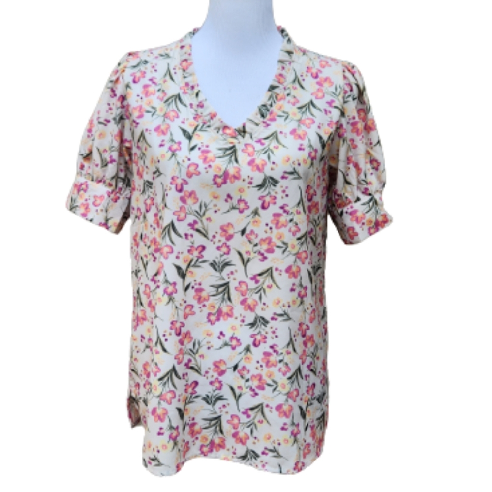Zia Ivory Multicolor Floral Print Blouse V-Neck Ruffle Trim Puff Sleeves
